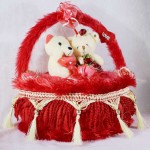 Beautiful Red Decorated Heart Cake Plush Cushion with Love Couple Teddy Bears